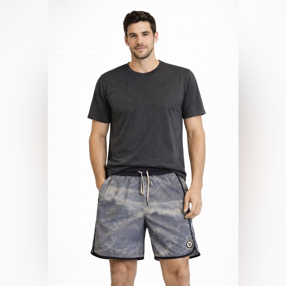 Vuori Men's Marble-Print Board Shorts in Slate Gray and Black